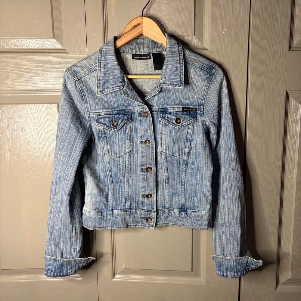 DKNY Jeans Womens Y2K Light Wash Denim Jacket Blue Textured Stripe Size L